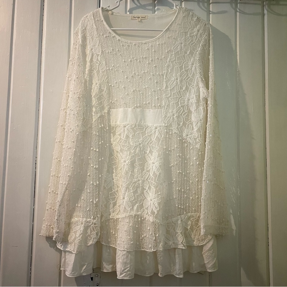 Indigo Soul boho lace tunic blouse -large